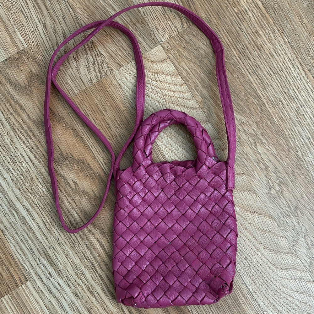 Free People Woven Hearts Crossbody Bag Purse Small Pink Woven Leather NWOT
